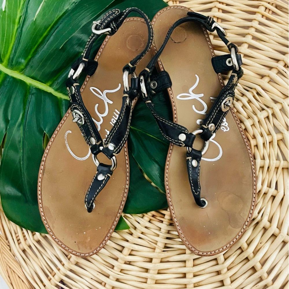 Coach Raiven Hardware Turnlock Flat Sandals Black Leather adjustable strap SZ 8